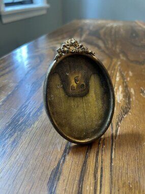 Antique Art Nouveau Metal Oval Picture Frame With Floral Bow Accent & Easel Back